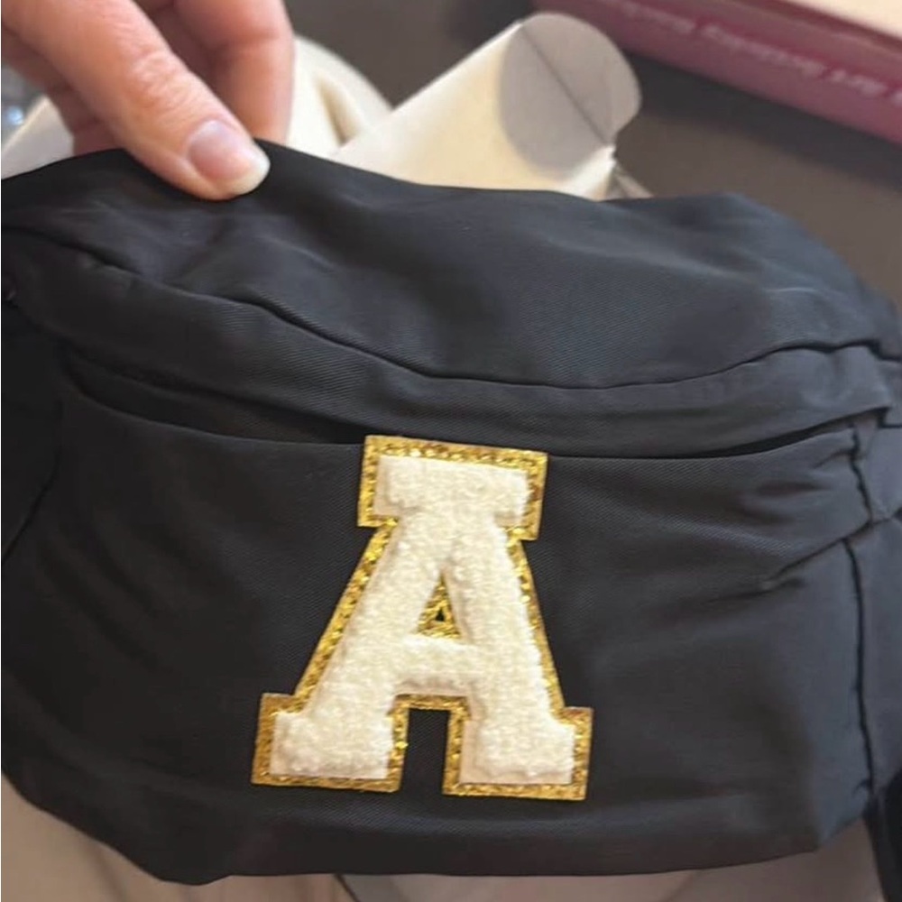 Black Women's Belt Bag with Gold-Trimmed White 'A' Patch